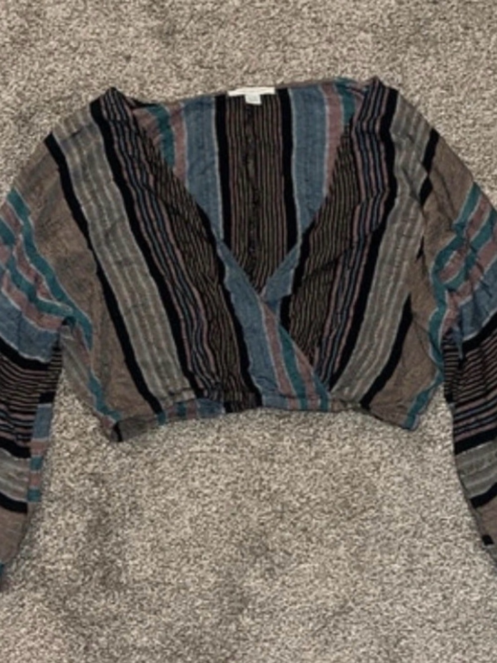 Striped V-Neck Cropped Women's Top in Teal and Gray